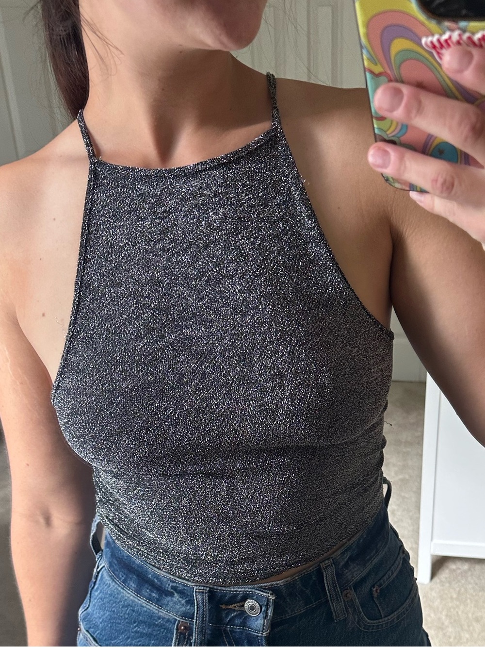 Sparkle Halter Crop Top - Metallic Silver